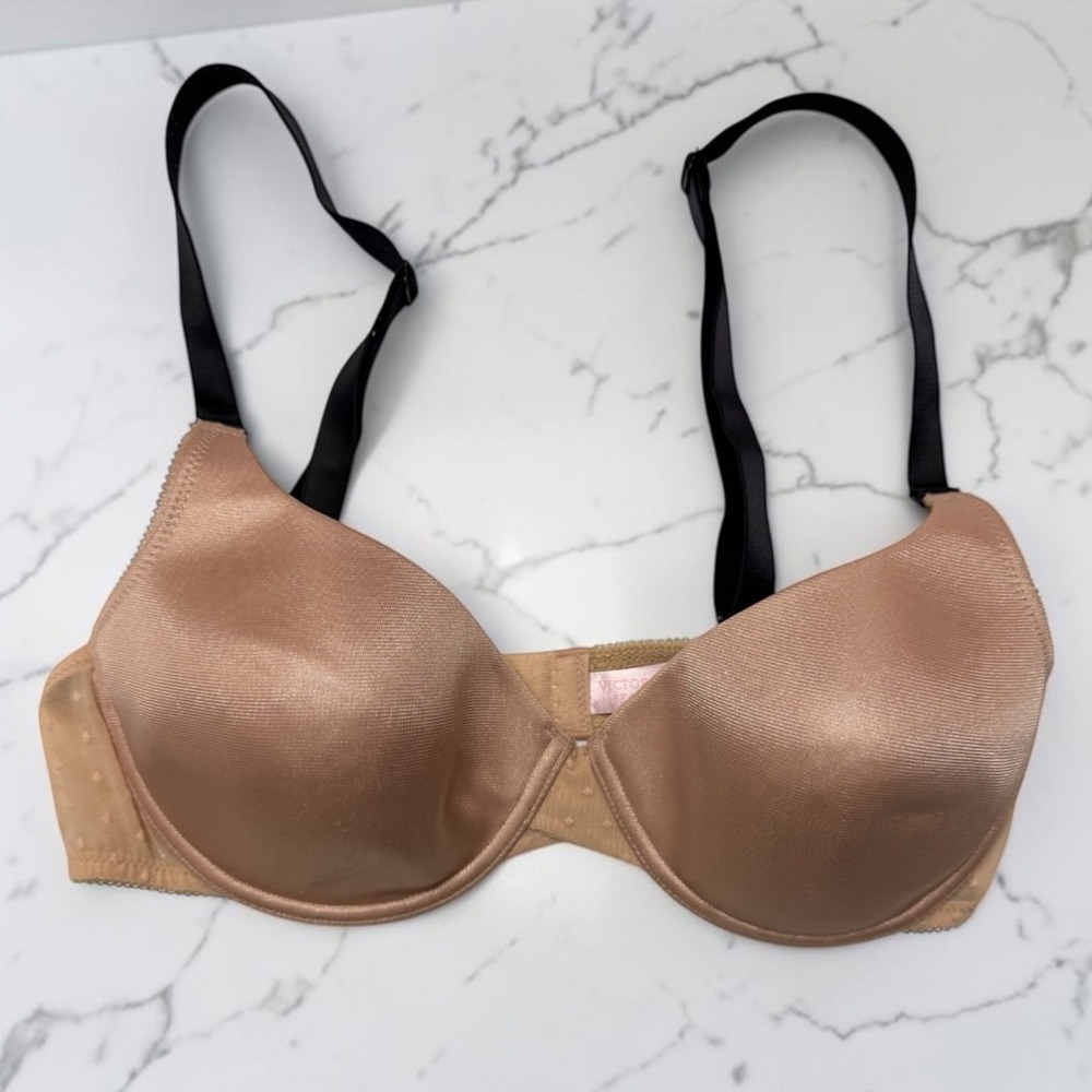 Victorias Secret Tan Satin Swiss Dot Mesh Underwire Bra 36C